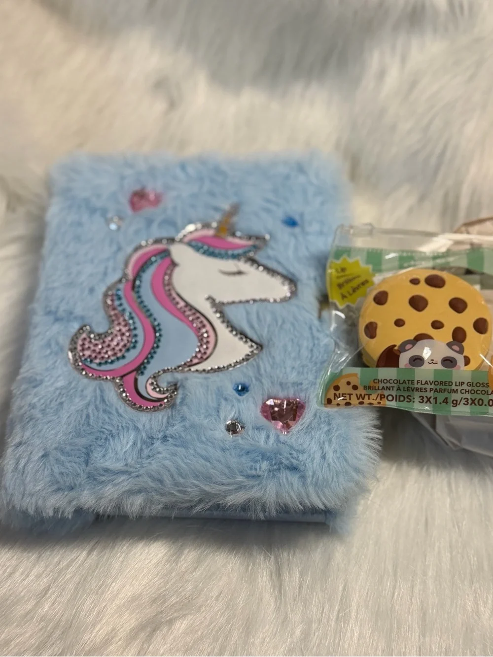 Blue Plush Unicorn Journal with Lock - Sparkle Rhinestone Accent’s & Lip Gloss